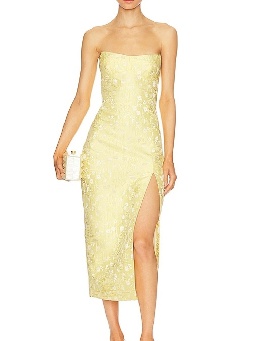 Amanda Uprichard Strapless Yellow Floral Midi Dress with High Side Slit